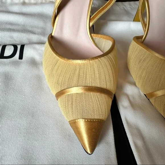💯 Authentic New FENDI Tulle And Satin High-Heeled Slingbacks Sunflower Color - Picture 6 of 8